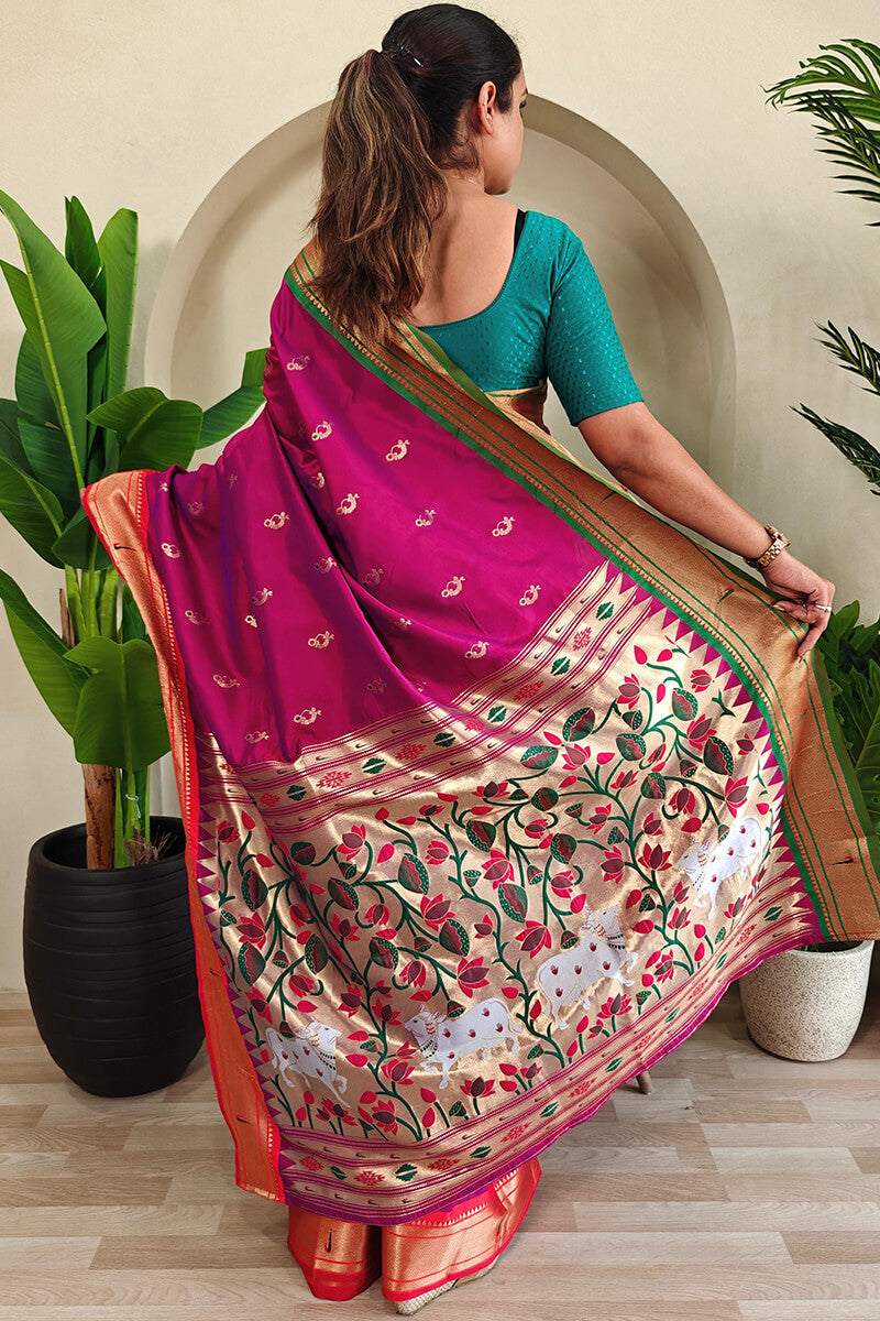 Lagniappe Dark Pink Paithani Silk Saree With Unique Blouse Piece