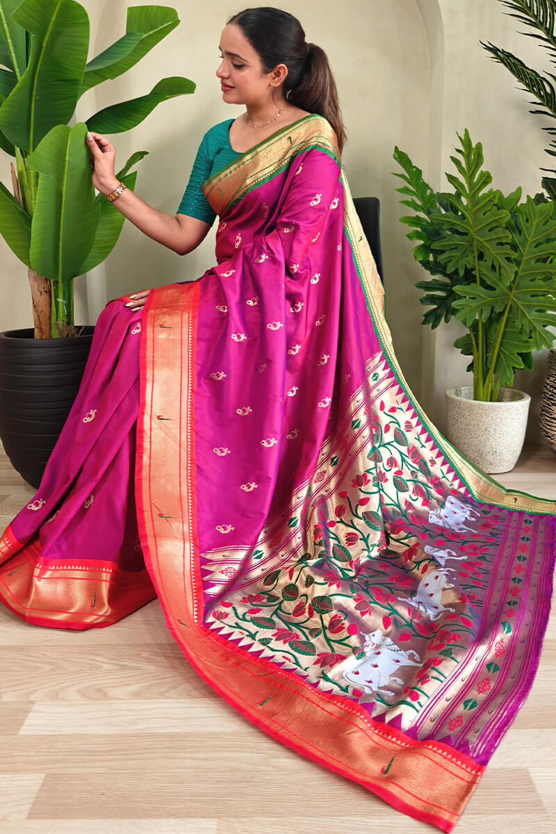 Lagniappe Dark Pink Paithani Silk Saree With Unique Blouse Piece
