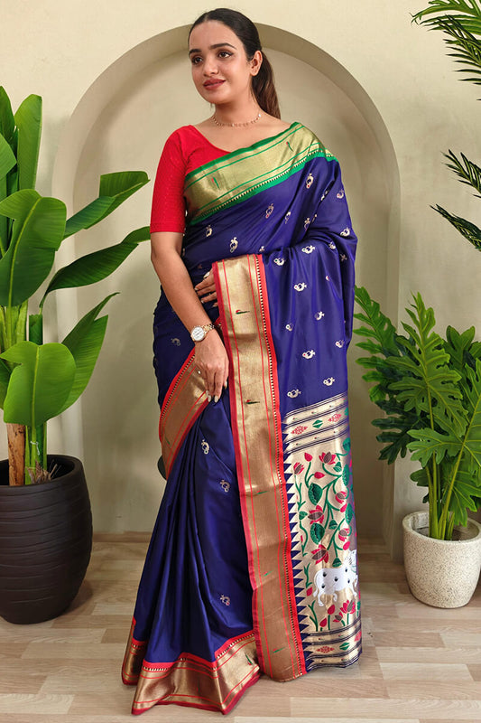 Lissome Navy Blue Paithani Silk Saree With Whimsical Blouse Piece