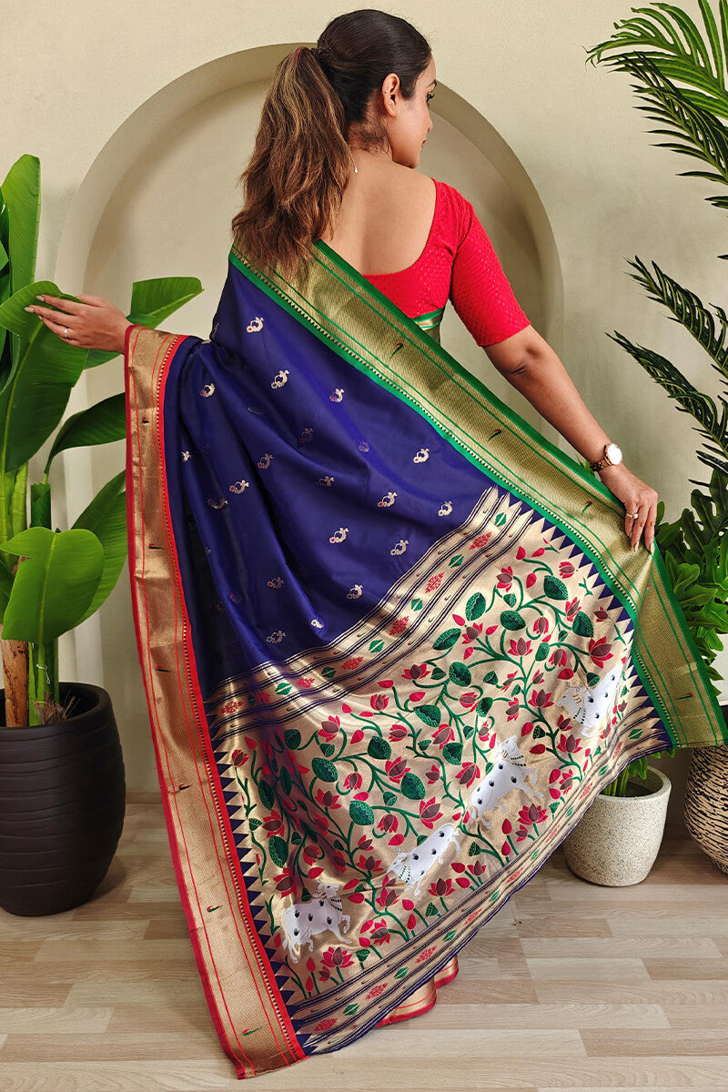 Lissome Navy Blue Paithani Silk Saree With Whimsical Blouse Piece