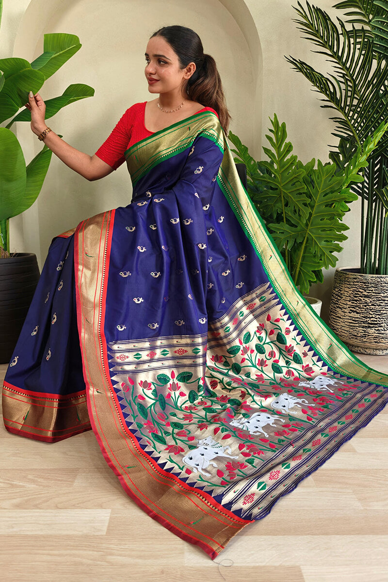 Lissome Navy Blue Paithani Silk Saree With Whimsical Blouse Piece