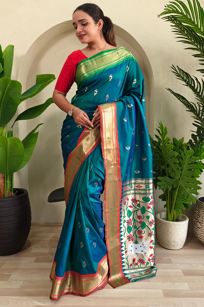 Amazing Rama Paithani Silk Saree With Desiring Blouse Piece