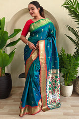Amazing Rama Paithani Silk Saree With Desiring Blouse Piece
