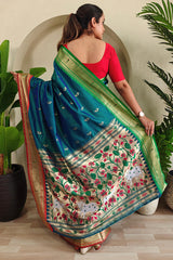 Amazing Rama Paithani Silk Saree With Desiring Blouse Piece