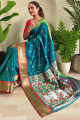 Amazing Rama Paithani Silk Saree With Desiring Blouse Piece