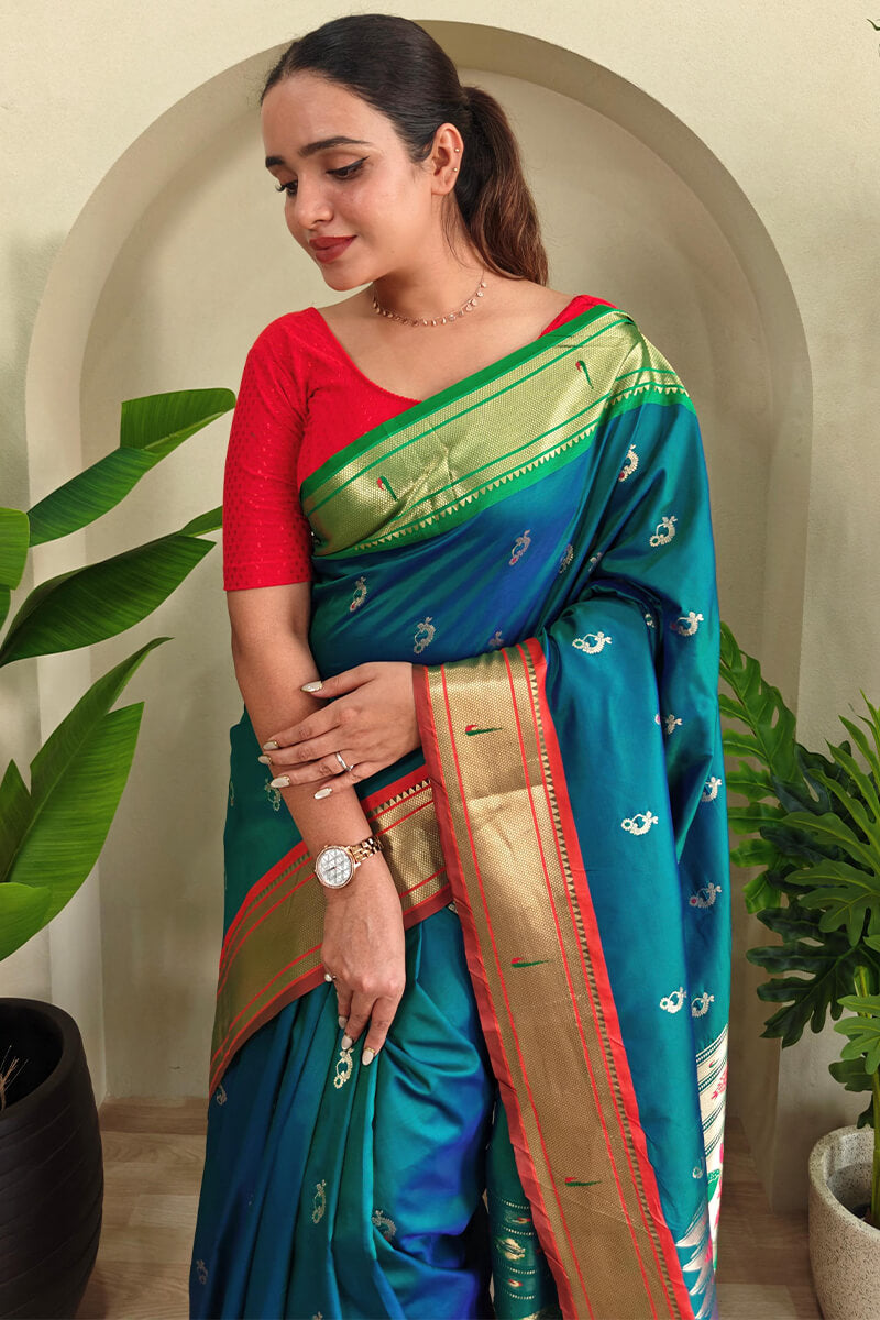 Amazing Rama Paithani Silk Saree With Desiring Blouse Piece