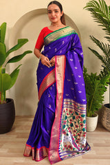 Adorable Royal Blue Paithani Silk Saree With Panache Blouse Piece