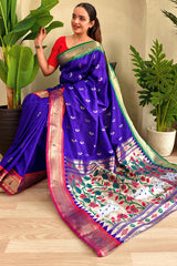 Adorable Royal Blue Paithani Silk Saree With Panache Blouse Piece
