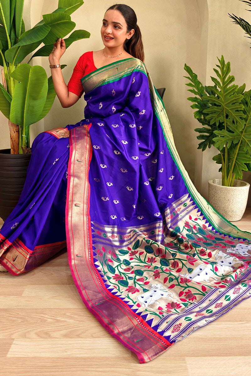 Adorable Royal Blue Paithani Silk Saree With Panache Blouse Piece