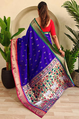 Adorable Royal Blue Paithani Silk Saree With Panache Blouse Piece
