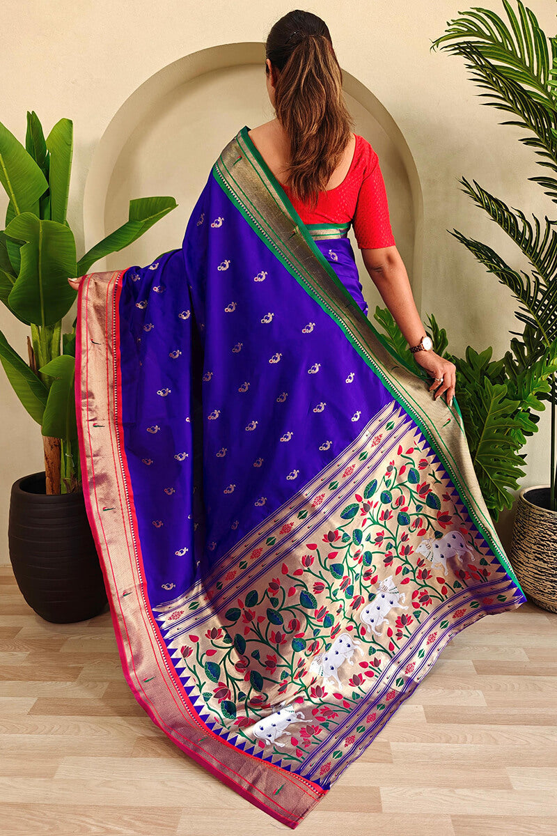 Adorable Royal Blue Paithani Silk Saree With Panache Blouse Piece