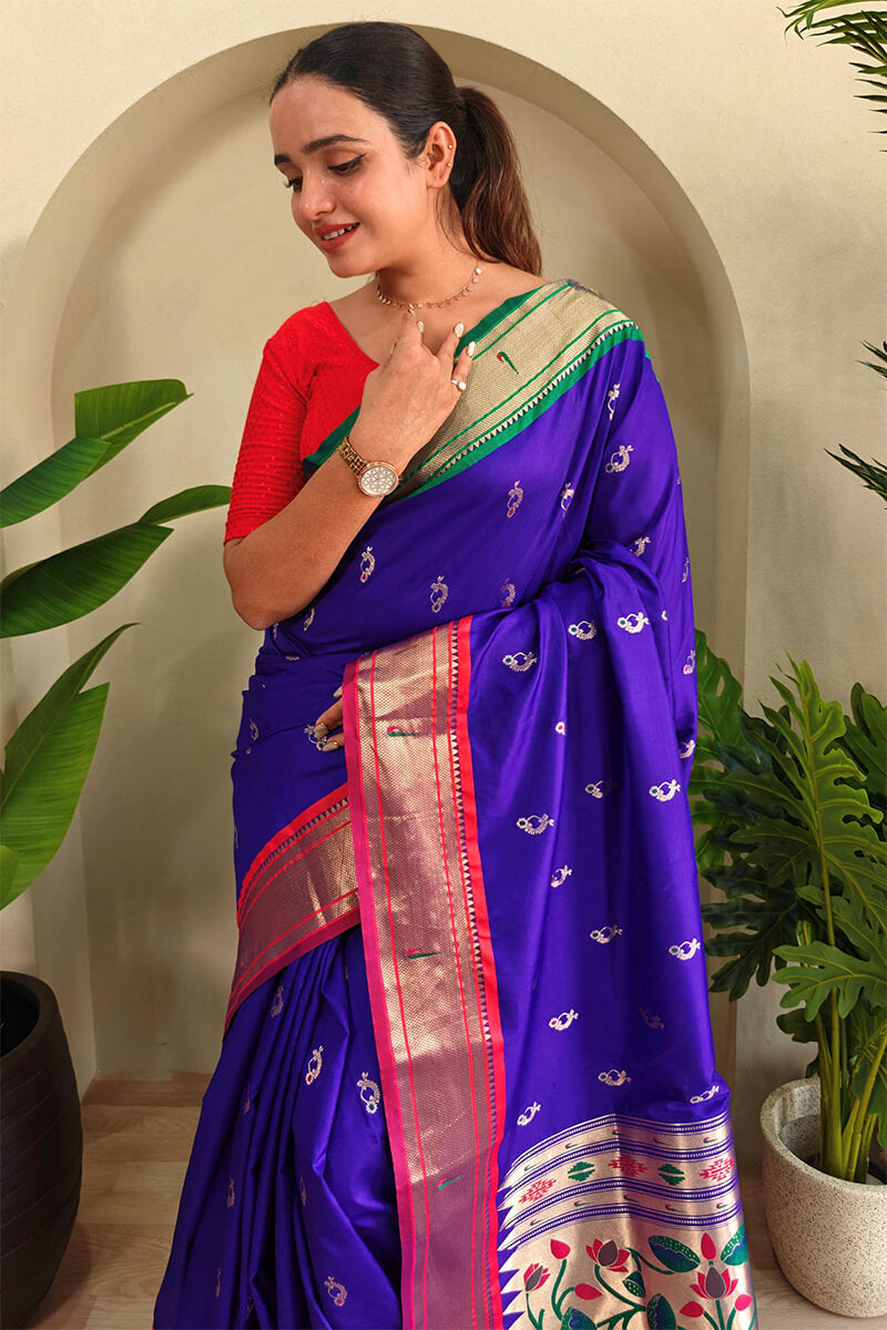 Adorable Royal Blue Paithani Silk Saree With Panache Blouse Piece