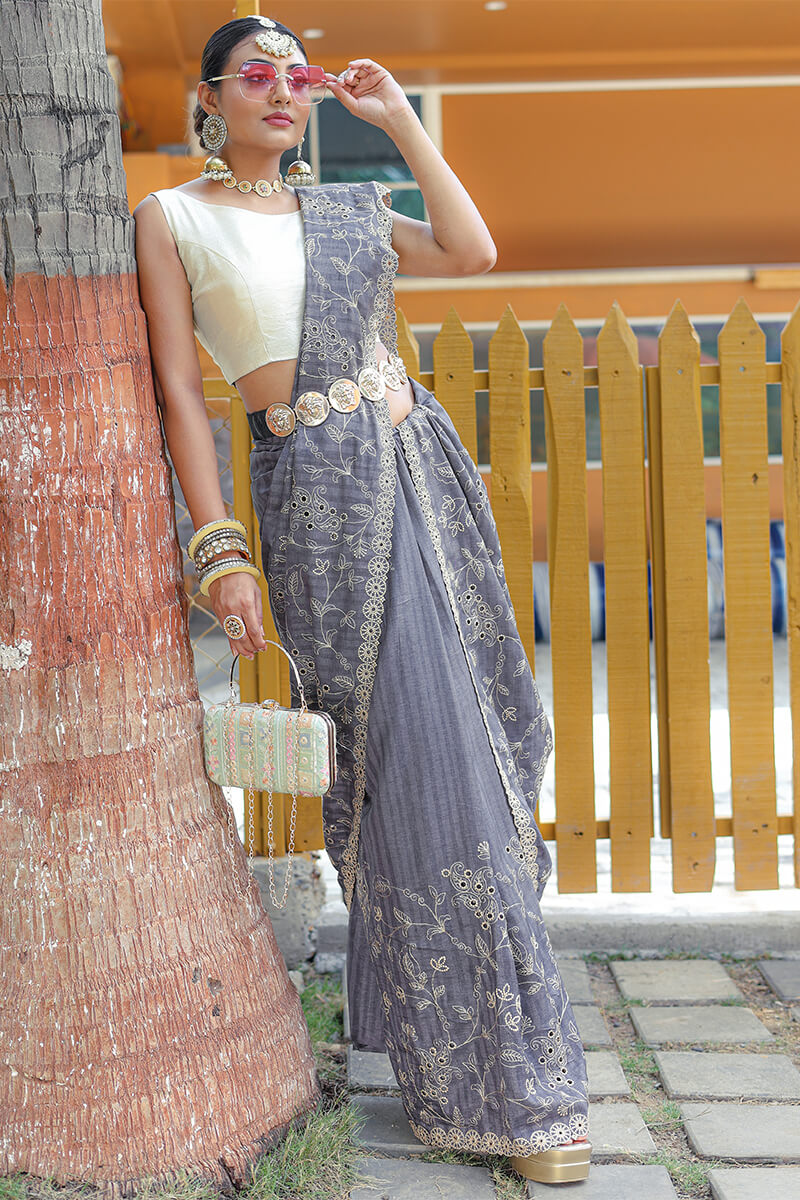 Attractive Grey Embroidery Work Soft Silk Saree With Dazzling Blouse Piece