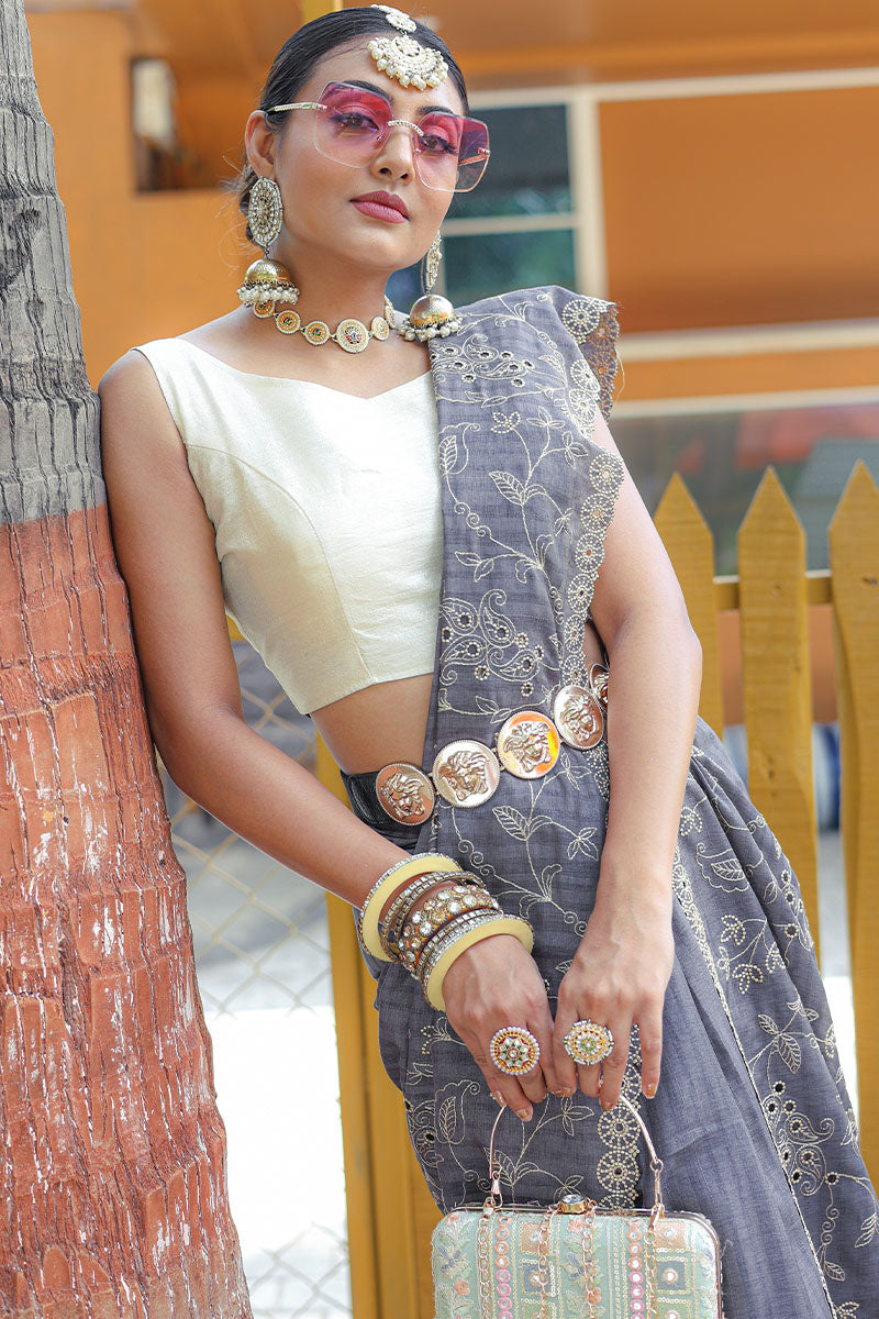 Attractive Grey Embroidery Work Soft Silk Saree With Dazzling Blouse Piece