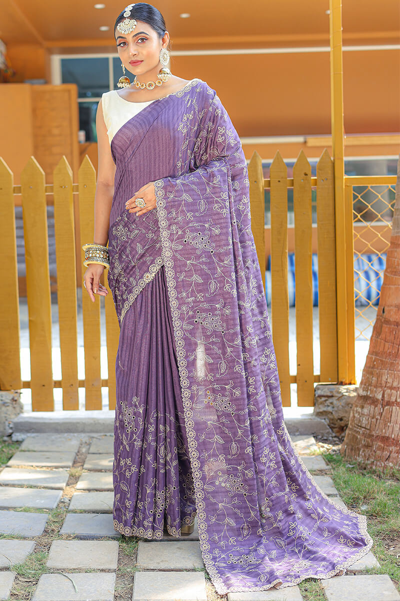 Gratifying Lavender Embroidery Work Soft Silk Saree With Impressive Blouse Piece