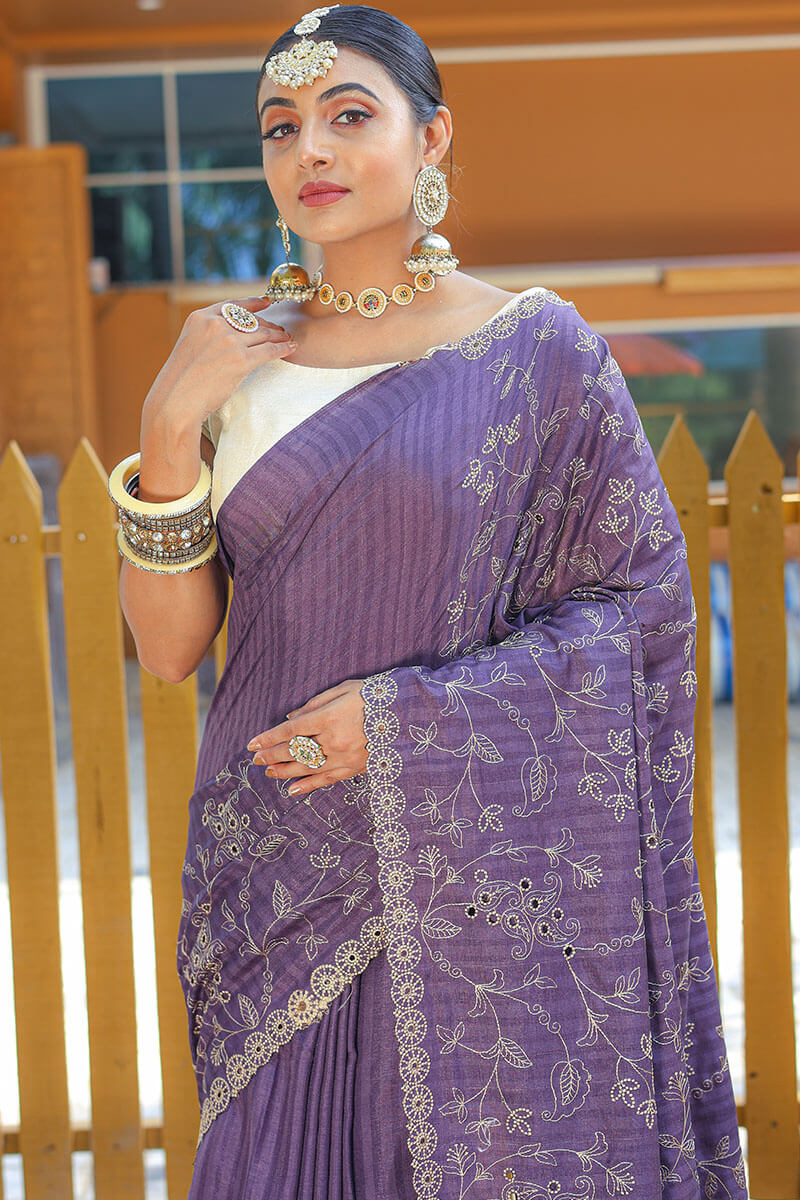 Gratifying Lavender Embroidery Work Soft Silk Saree With Impressive Blouse Piece