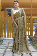Blooming Mehndi Embroidery Work Soft Silk Saree With Captivating Blouse Piece