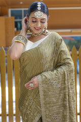 Blooming Mehndi Embroidery Work Soft Silk Saree With Captivating Blouse Piece