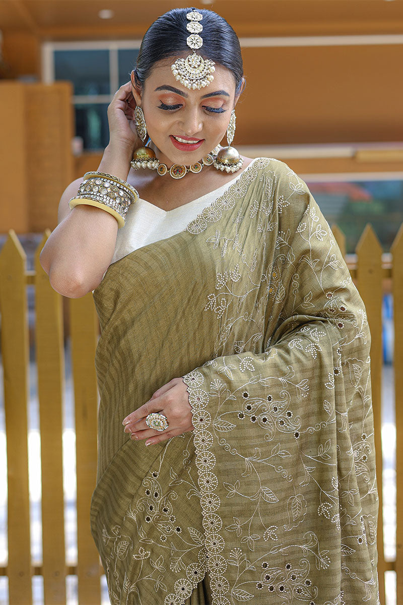 Blooming Mehndi Embroidery Work Soft Silk Saree With Captivating Blouse Piece