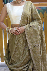 Blooming Mehndi Embroidery Work Soft Silk Saree With Captivating Blouse Piece