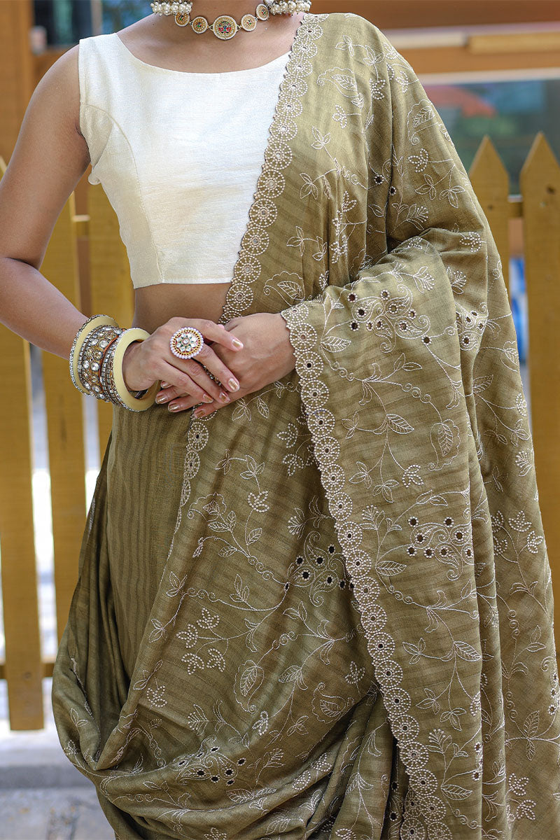 Blooming Mehndi Embroidery Work Soft Silk Saree With Captivating Blouse Piece