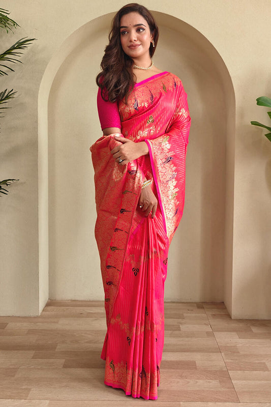 Ephemeral Dark Pink Banarasi Satin Silk Saree With Resplendent Blouse