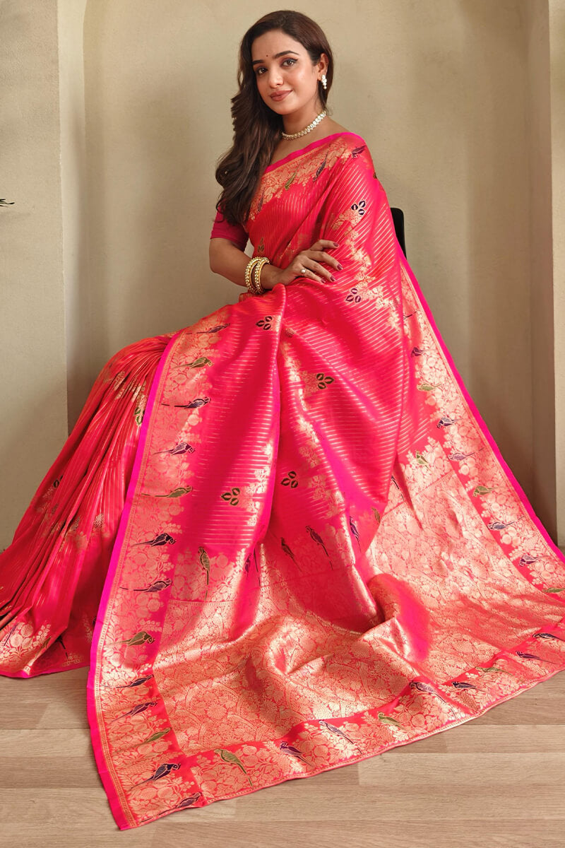 Ephemeral Dark Pink Banarasi Satin Silk Saree With Resplendent Blouse