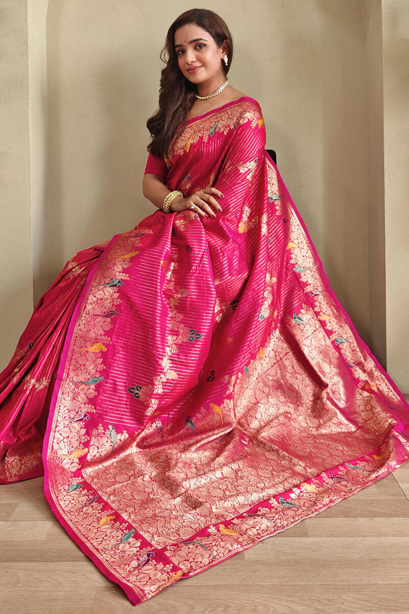 Improbable Magenta Banarasi Satin Silk Saree With Lovely Blouse