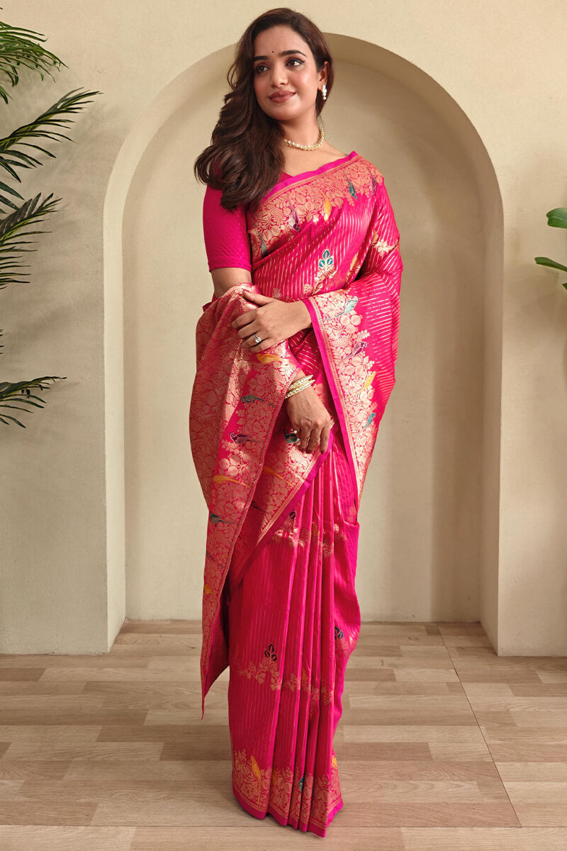 Improbable Magenta Banarasi Satin Silk Saree With Lovely Blouse