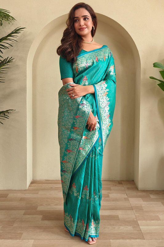 Engaging Sea Green Banarasi Satin Silk Saree With Beleaguer Blouse