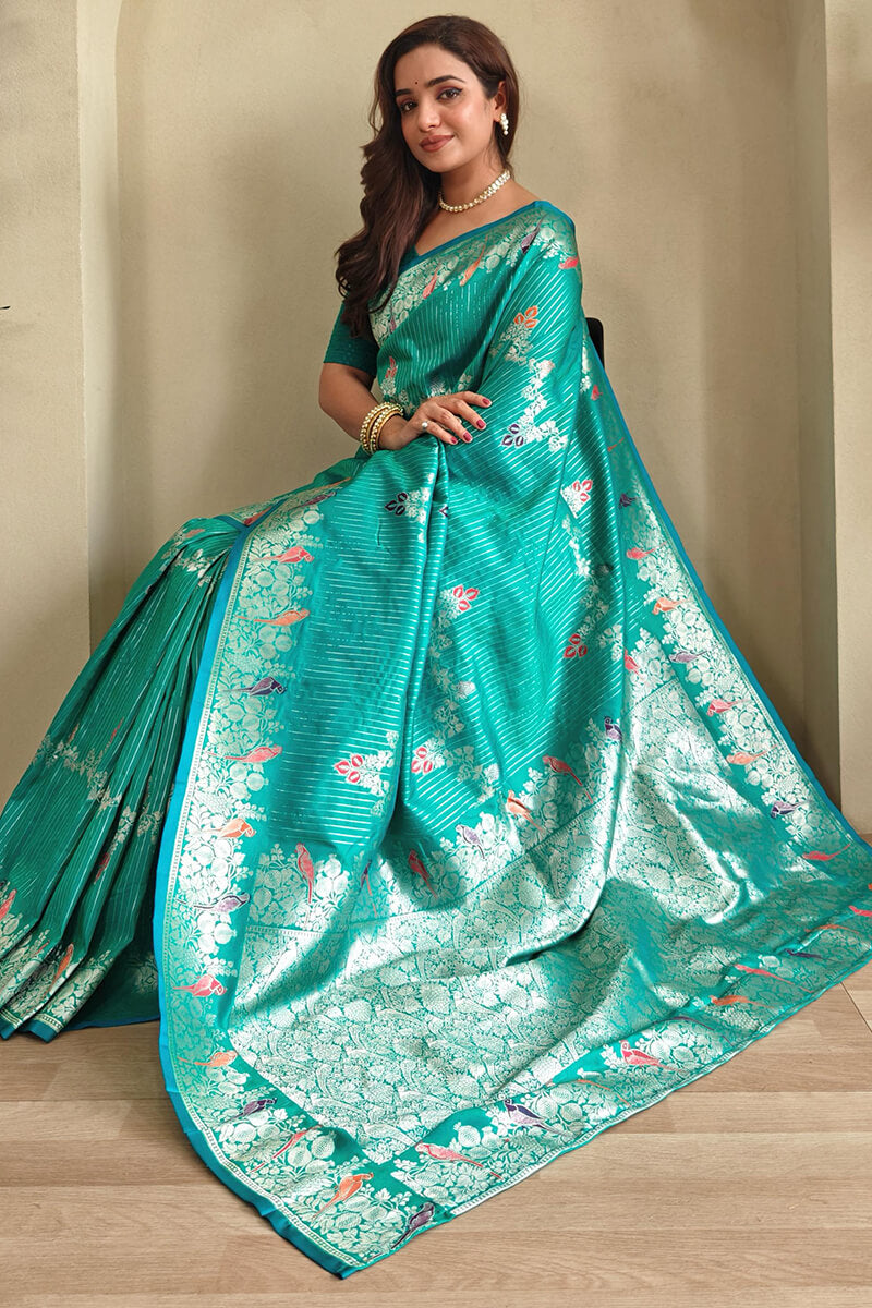 Engaging Sea Green Banarasi Satin Silk Saree With Beleaguer Blouse