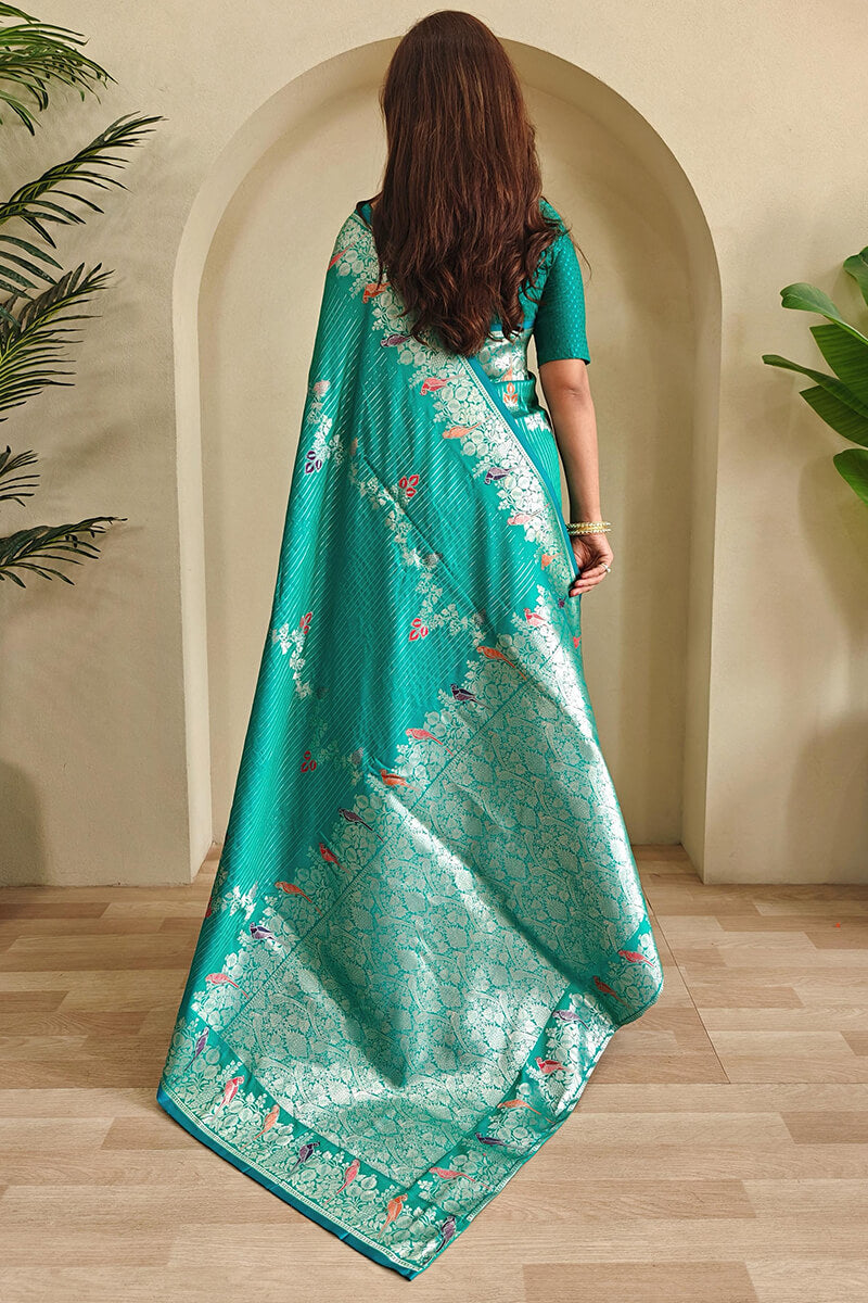 Engaging Sea Green Banarasi Satin Silk Saree With Beleaguer Blouse