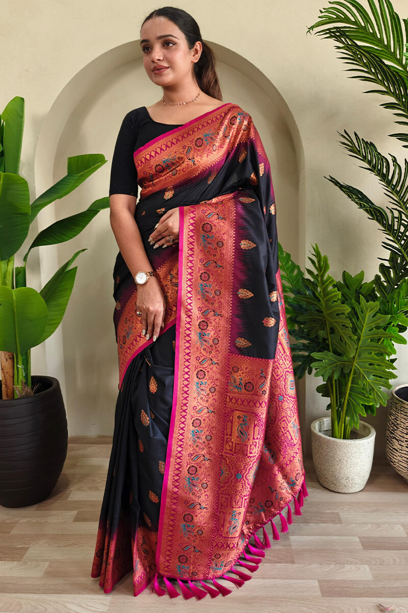 Symmetrical Black Soft Banarasi Silk Saree With Verdant Blouse Piece