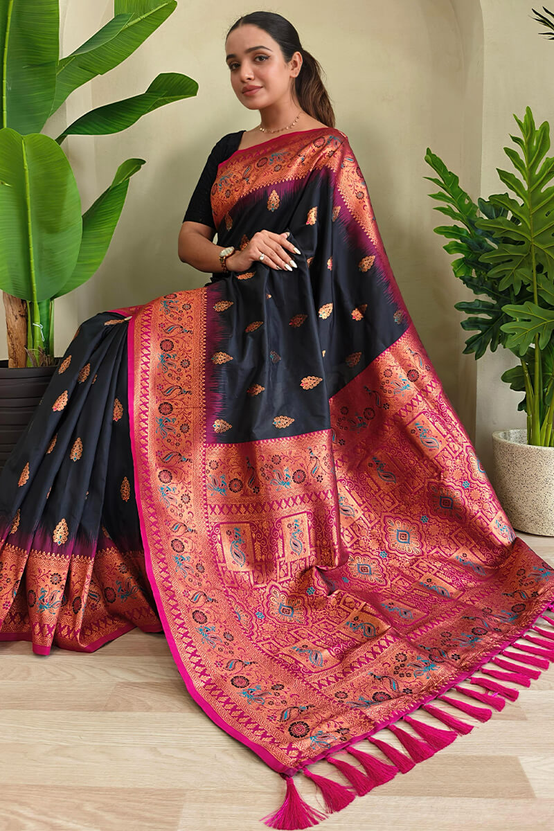Symmetrical Black Soft Banarasi Silk Saree With Verdant Blouse Piece