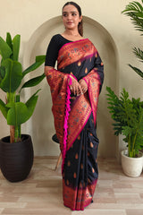 Symmetrical Black Soft Banarasi Silk Saree With Verdant Blouse Piece