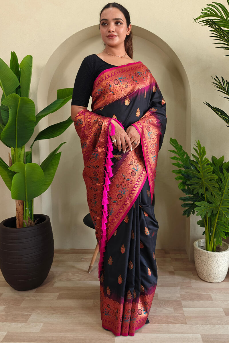 Symmetrical Black Soft Banarasi Silk Saree With Verdant Blouse Piece