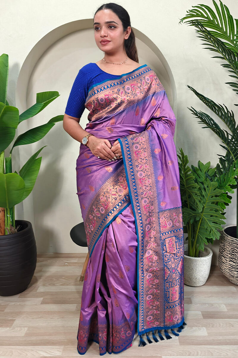 Chatoyant Lavender Soft Banarasi Silk Saree With Resonant Blouse Piece