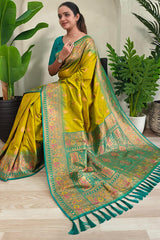 Cynosure Mehndi Soft Banarasi Silk Saree With Glowing Blouse Piece