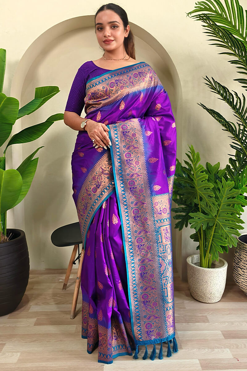 Adoring Purple Soft Banarasi Silk Saree With Posh Blouse Piece