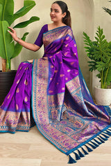 Adoring Purple Soft Banarasi Silk Saree With Posh Blouse Piece