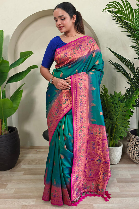 Gleaming Rama Soft Banarasi Silk Saree With Sumptuous Blouse Piece