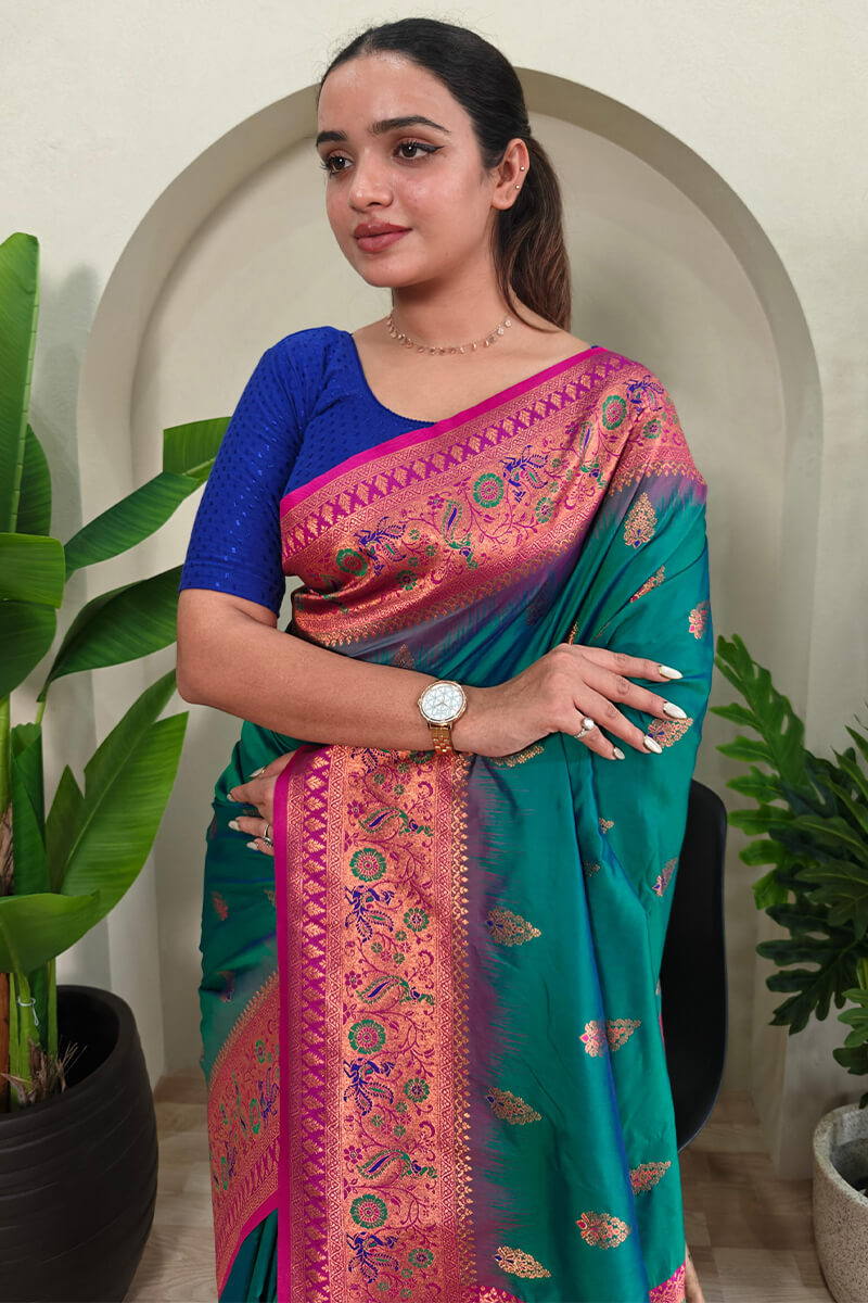 Gleaming Rama Soft Banarasi Silk Saree With Sumptuous Blouse Piece