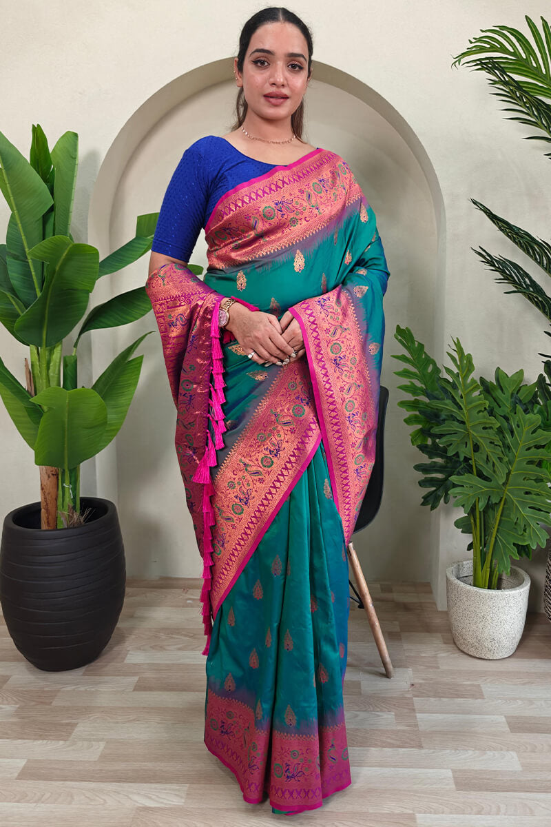Gleaming Rama Soft Banarasi Silk Saree With Sumptuous Blouse Piece