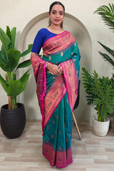 Gleaming Rama Soft Banarasi Silk Saree With Sumptuous Blouse Piece