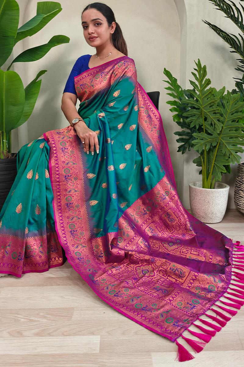 Gleaming Rama Soft Banarasi Silk Saree With Sumptuous Blouse Piece