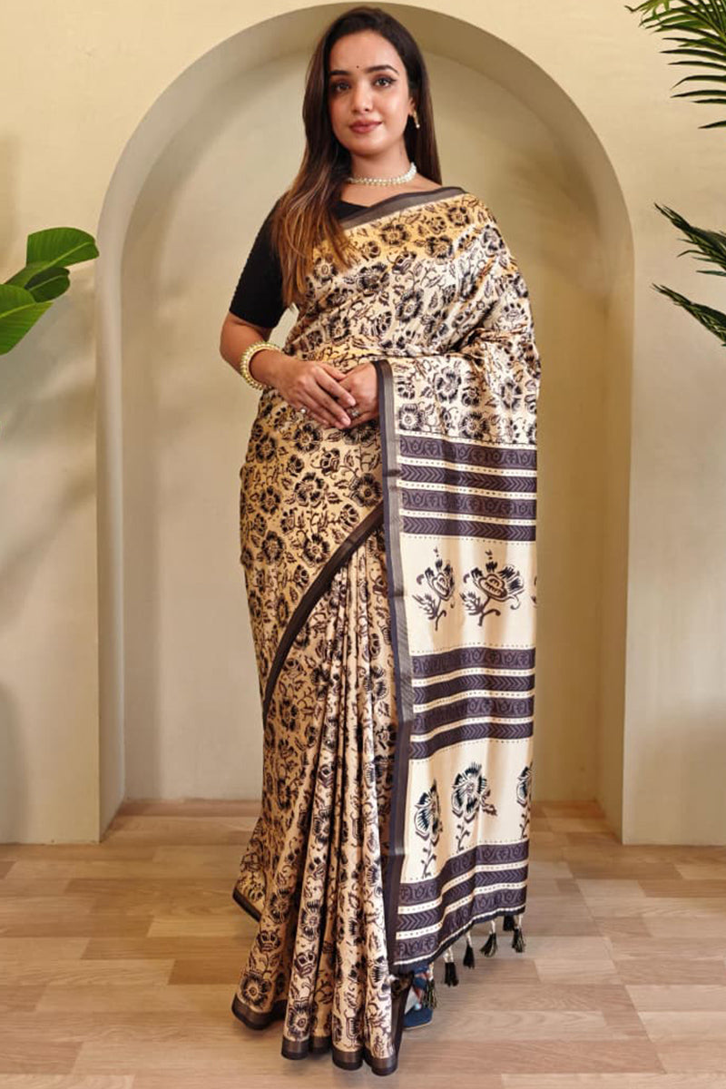 Ailurophile Beige Viscose Dola Silk Printed Saree With Wonderful Blouse Piece