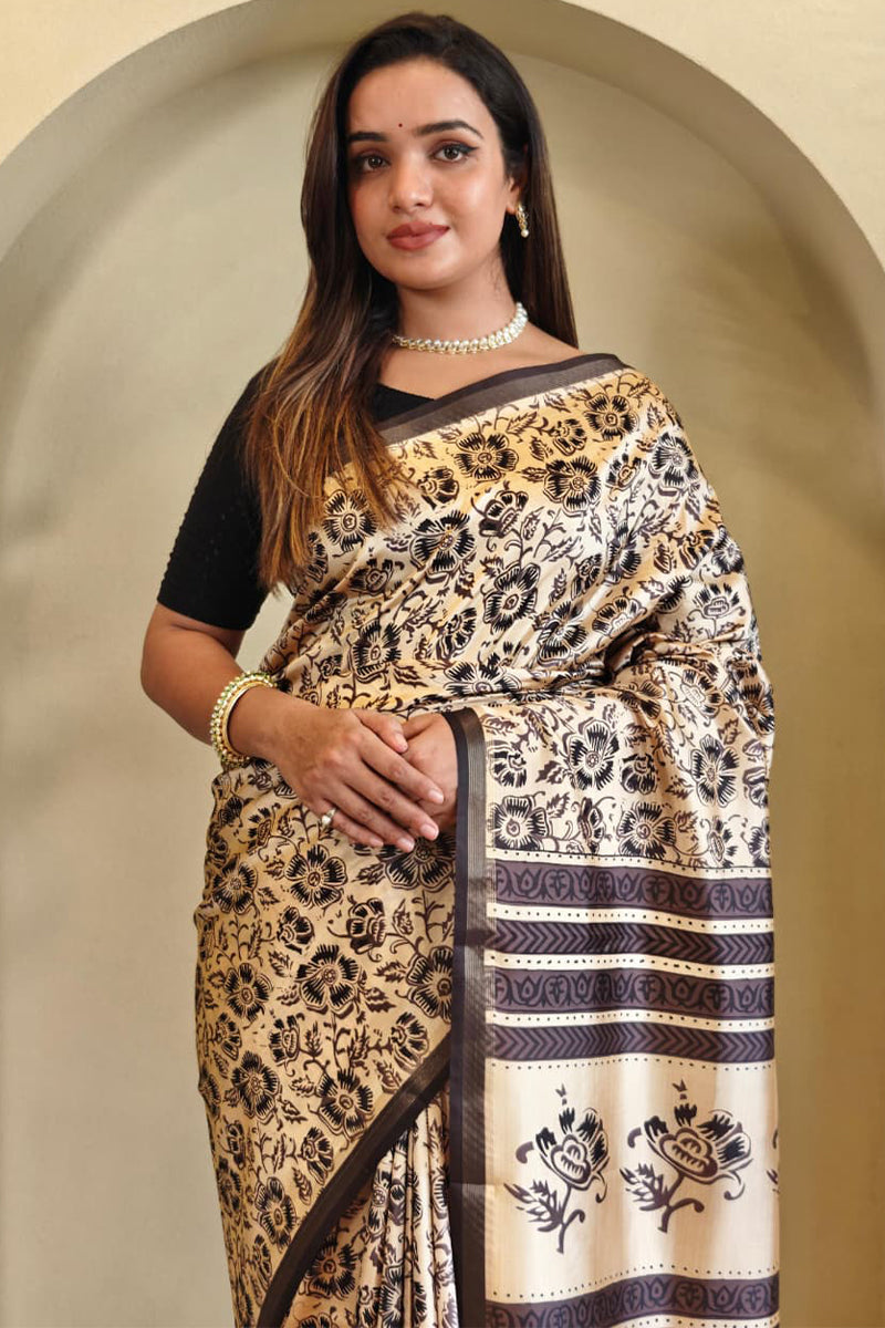 Ailurophile Beige Viscose Dola Silk Printed Saree With Wonderful Blouse Piece