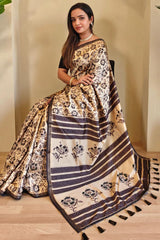 Ailurophile Beige Viscose Dola Silk Printed Saree With Wonderful Blouse Piece