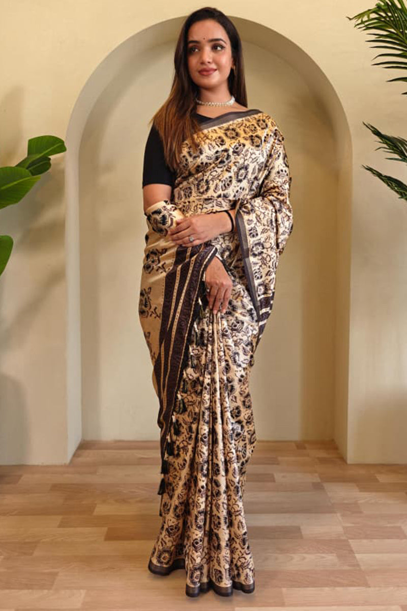 Ailurophile Beige Viscose Dola Silk Printed Saree With Wonderful Blouse Piece