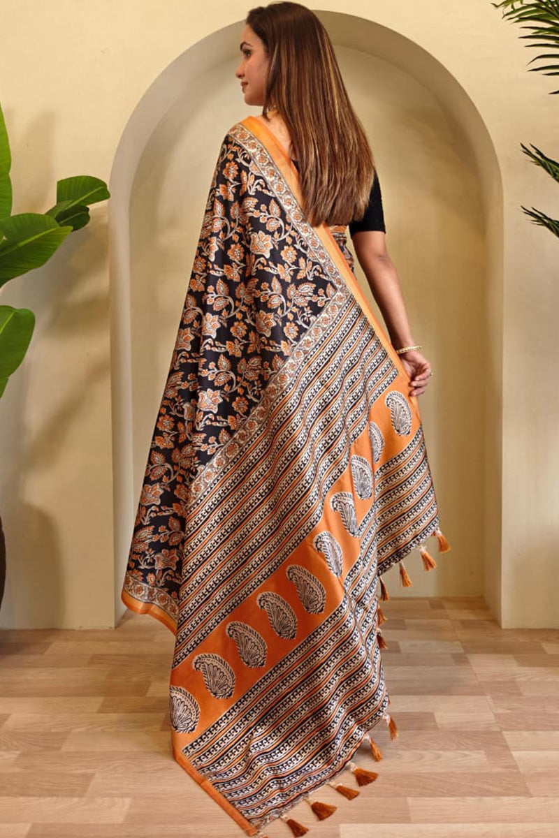 Gratifying Orange and Black Viscose Dola Silk Printed Saree With Glittering Blouse Piece